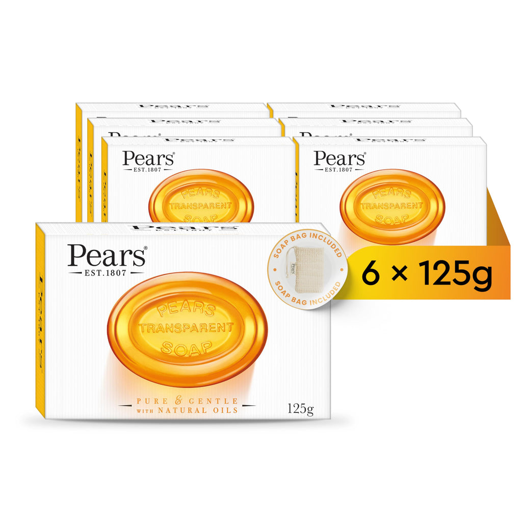 Pears Pure & Gentle Transparent Natural Soap Bar - Made with Natural Oils, Nourishing and Refreshing Bathing Cleanser, Gentle & Soothing Skin Care, Pure Transparency, Pack of 6 x 125g