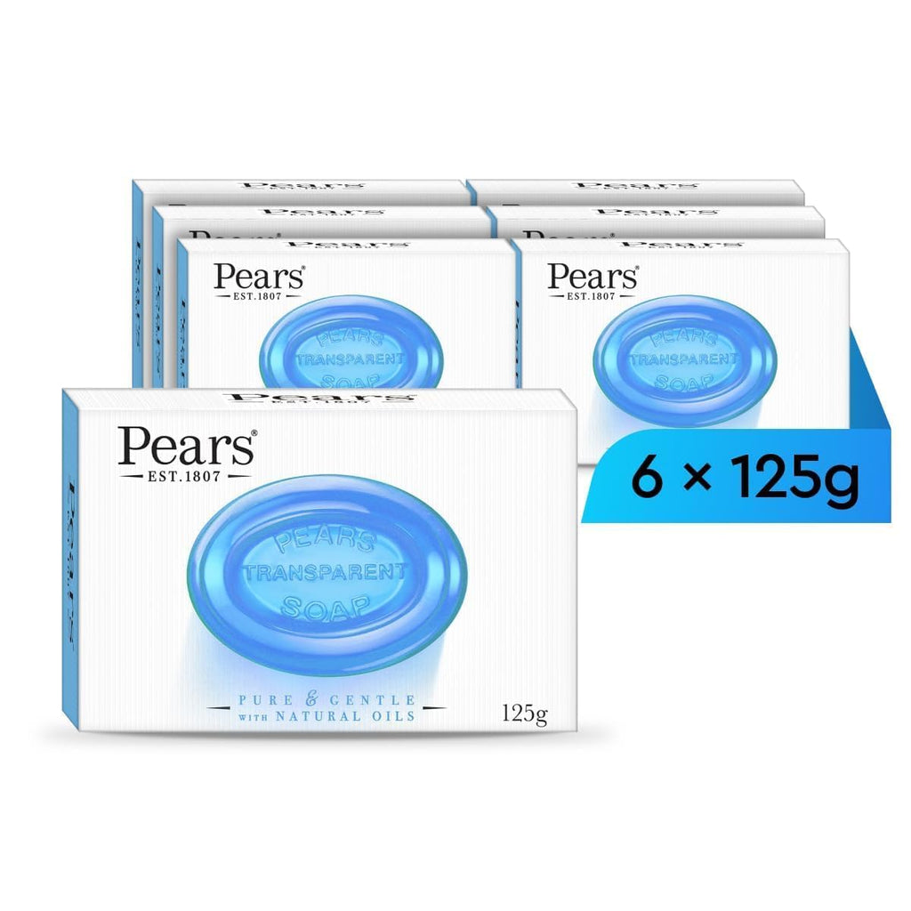 Pears Pure & Gentle Transparent Natural Soap Bar - Made with Natural Oils, Nourishing and Refreshing Bathing Cleanser, Gentle & Soothing Skin Care, Pure Transparency, Pack of 6 x 125g