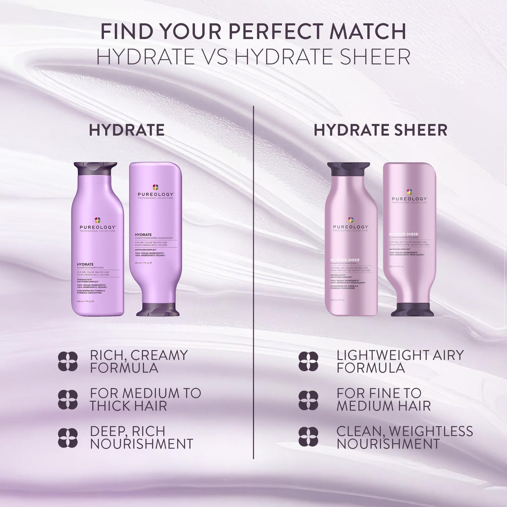 Pureology Hydrate Moisturising Conditioner for Medium to Thick Dry, Damaged & Colour-Treated Hair, Sulphate Free, Vegan Formula for Deep Nourishment and Softness 266ml