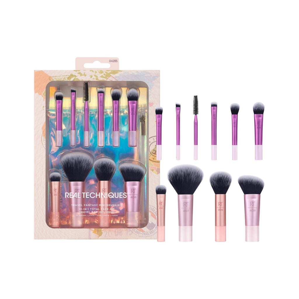 Real Techniques Travel Fantasy Mini Brush Kit, Makeup Brushes For Eyeshadow, Highlight, Contour, Powder, and Concealer, Travel-Sized Brushes and Cosmetic Bag, Synthetic Bristles, 11 Piece Set - Damaged Box