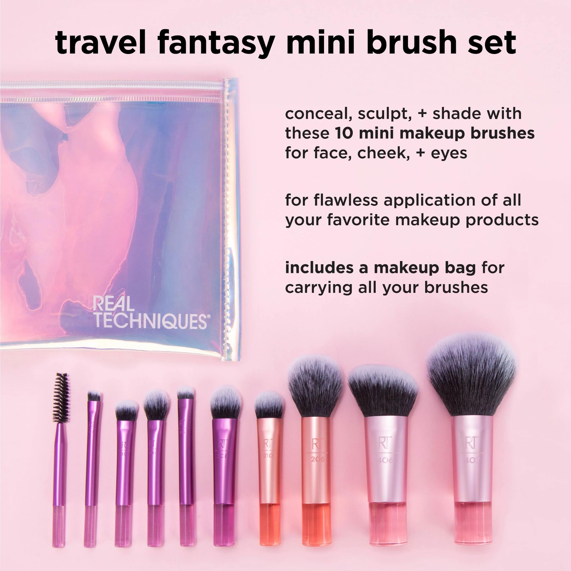 Real Techniques Travel Fantasy Mini Brush Kit, Makeup Brushes For Eyeshadow, Highlight, Contour, Powder, and Concealer, Travel-Sized Brushes and Cosmetic Bag, Synthetic Bristles, 11 Piece Set - Damaged Box