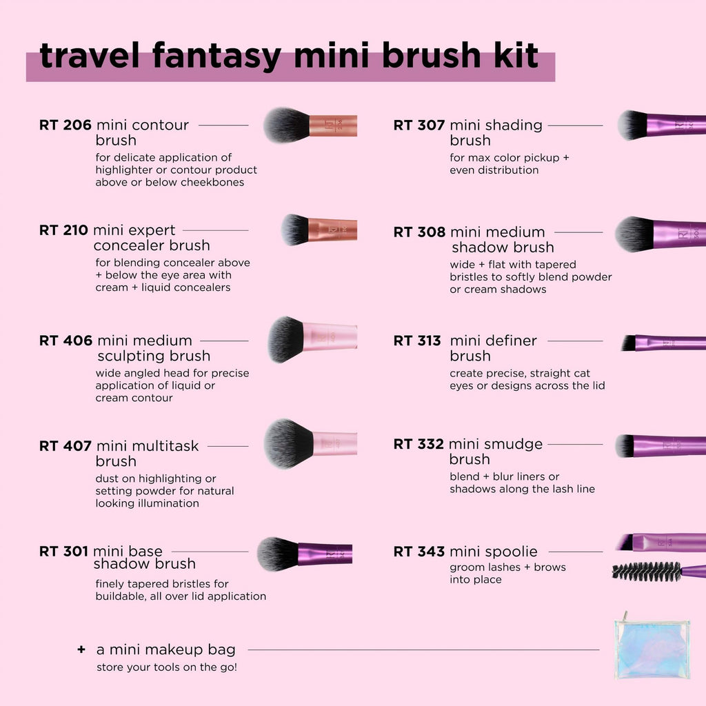 Real Techniques Travel Fantasy Mini Brush Kit, Makeup Brushes For Eyeshadow, Highlight, Contour, Powder, and Concealer, Travel-Sized Brushes and Cosmetic Bag, Synthetic Bristles, 11 Piece Set - Damaged Box