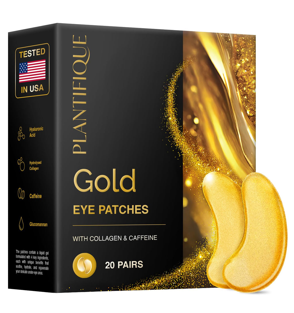 PLANTIFIQUE 24K Gold Under Eye Gel Patches - Dermatologist Tested - 20 Pairs Collagen & Hyaluronic Acid Eye Masks for Dark Circles, Bags & Puffiness