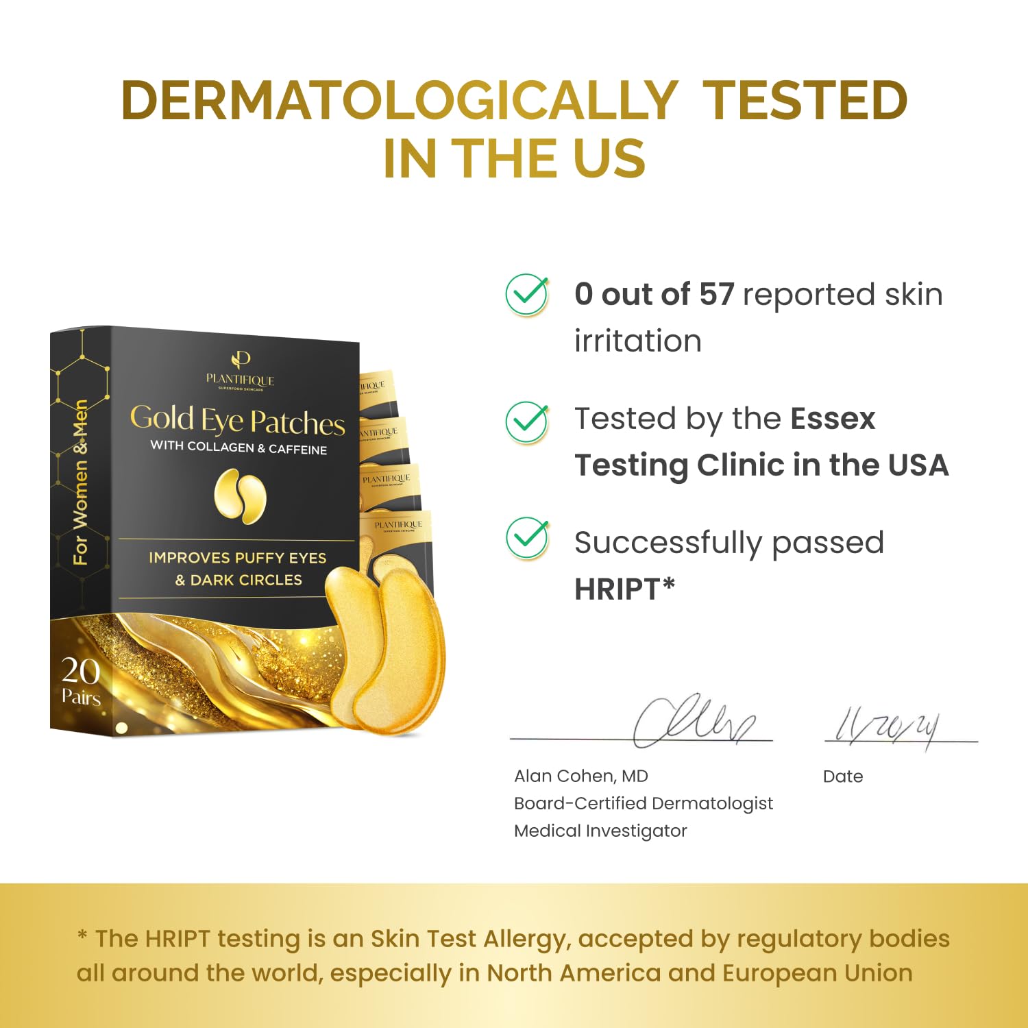 PLANTIFIQUE 24K Gold Under Eye Gel Patches - Dermatologist Tested - 20 Pairs Collagen & Hyaluronic Acid Eye Masks for Dark Circles, Bags & Puffiness