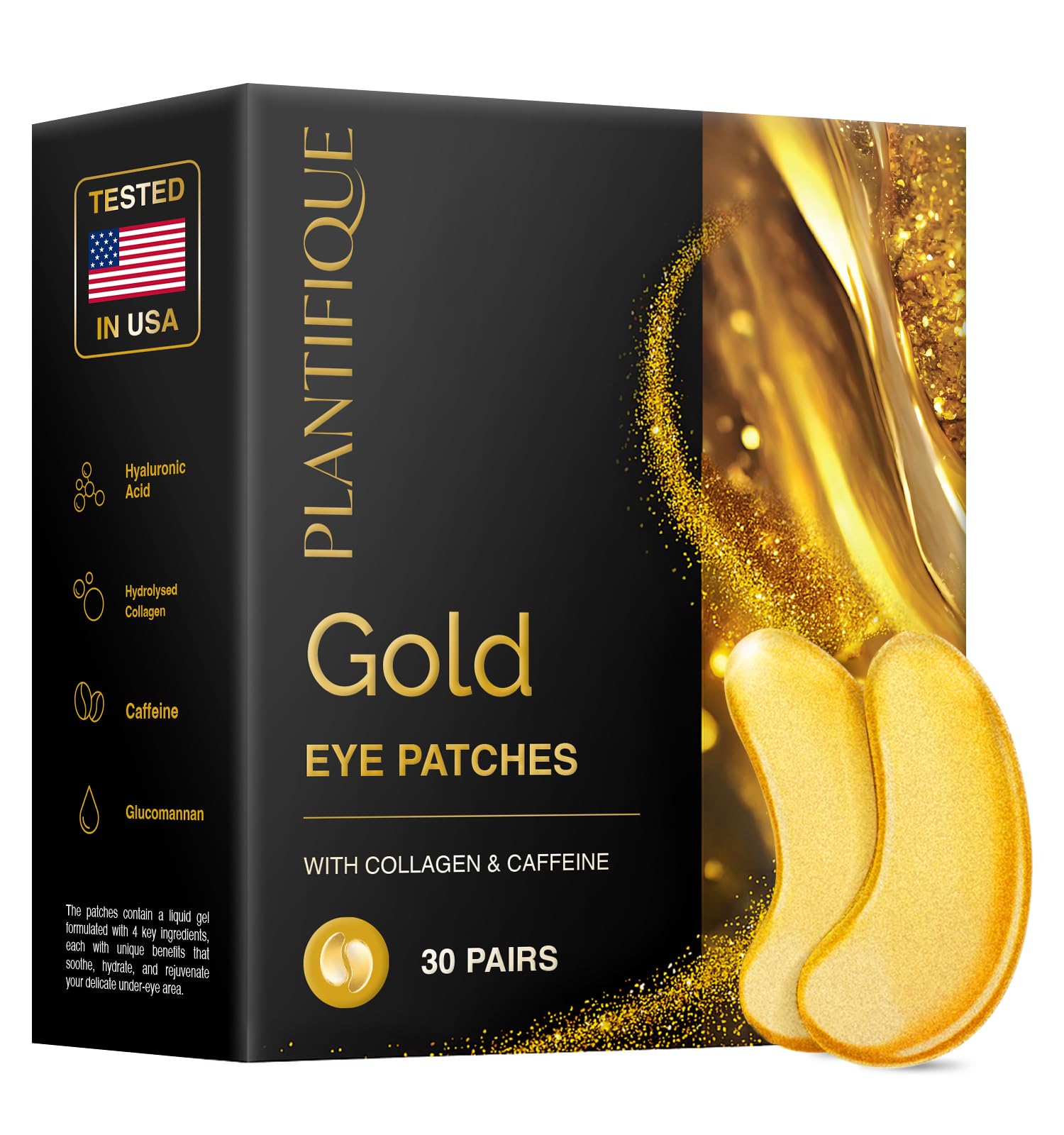 PLANTIFIQUE 24K Gold Under Eye Gel Patches - Dermatologist Tested - 20 Pairs Collagen & Hyaluronic Acid Eye Masks for Dark Circles, Bags & Puffiness