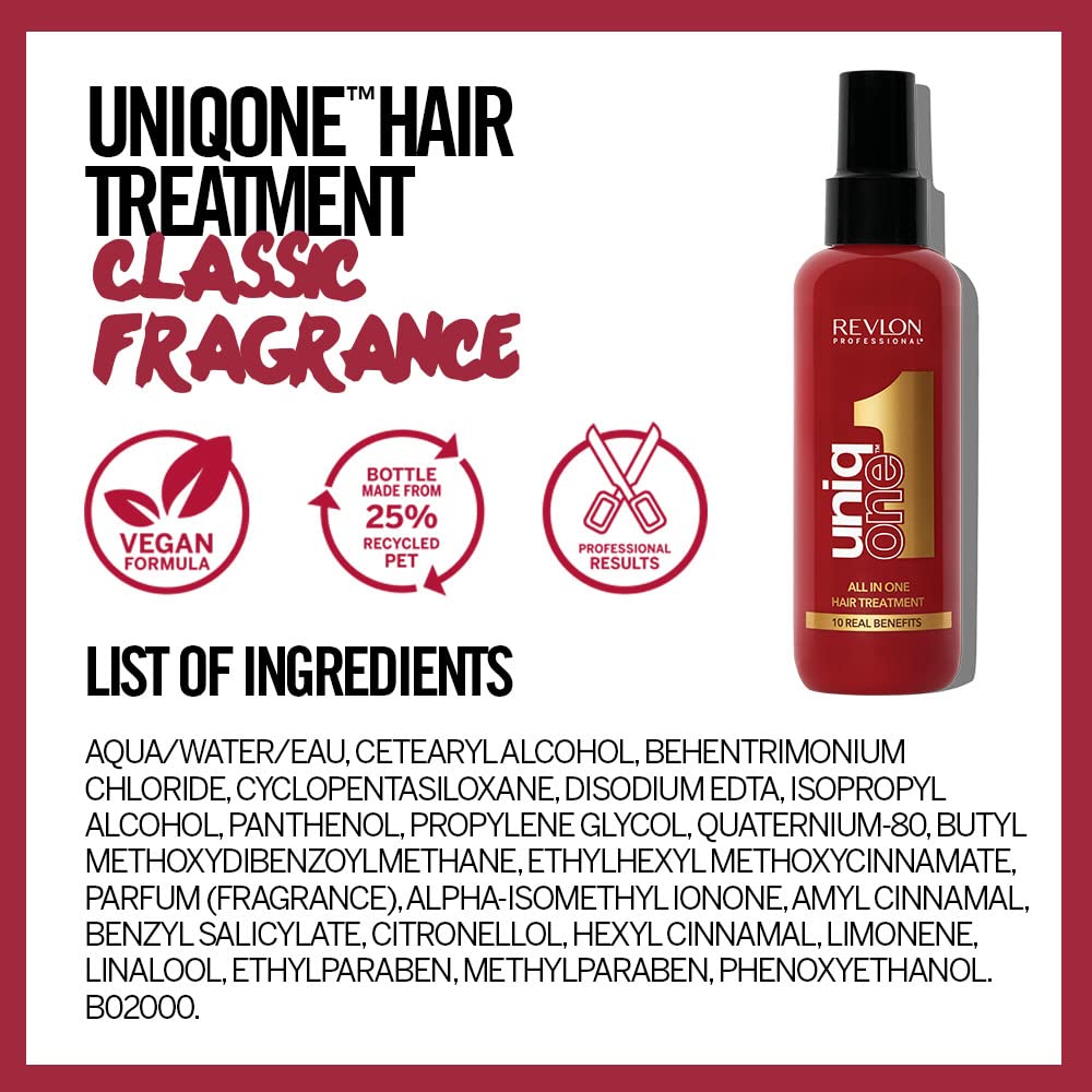 REVLON PROFESSIONAL Uniqone Hair Treatment, Moisturizing Leave-in Hair Treatment, Repair for Damaged Hair, Hair Treatment, Classic Fragrance - 150 ml
