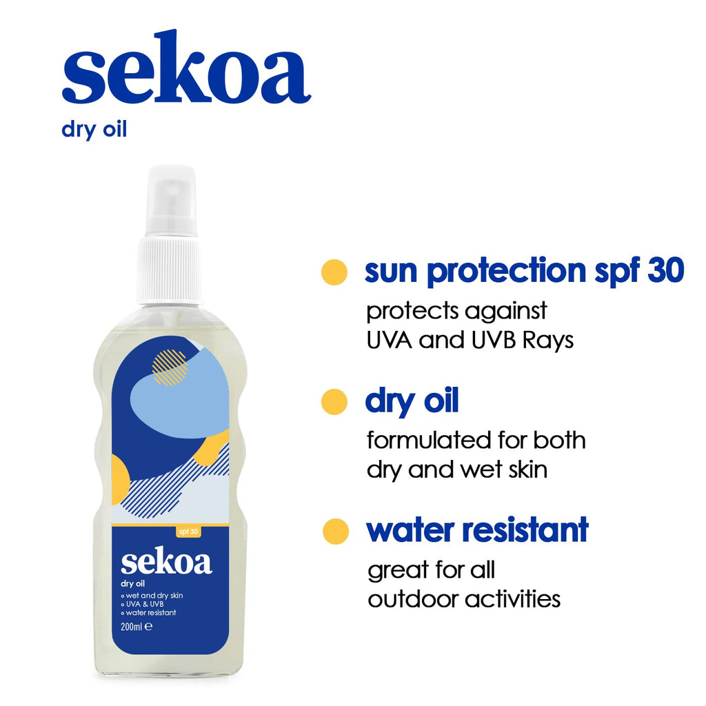Sekoa Dry Oil Spray SPF30, 200ml | UVA and UVB Sun Protection | Vegan Sun Spray | Formulated for use on both wet and dry skin | Water Resistant