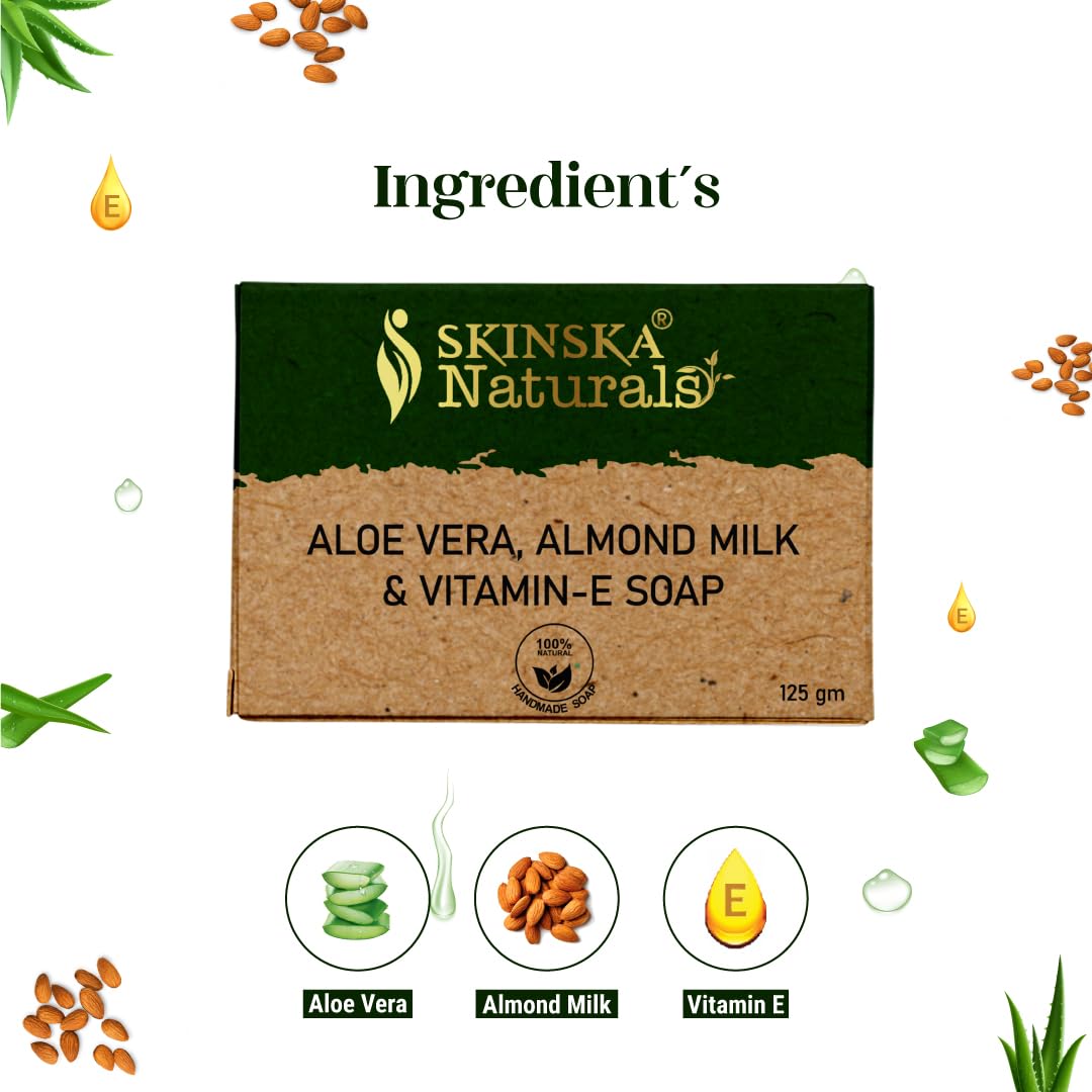SKINSKA NATURALS Aloe Vera Soap - Enriched with Almond & Vitamin E, Moisturising Cleanser for Face & Body, Smooth Nourished Skin, Bath & Shower Bar, Paraben-Free, Cruelty-Free, Pack of 2 x 125g