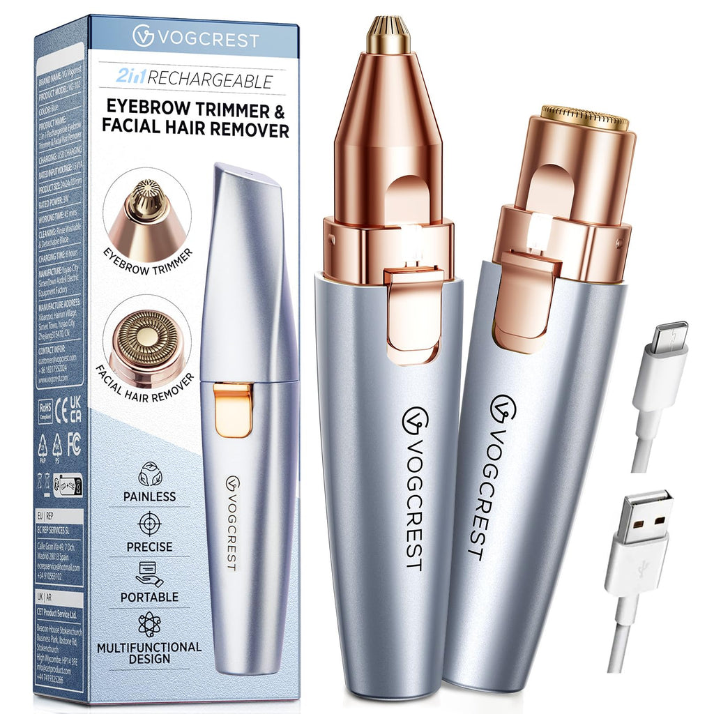 VG VOGCREST Eyebrow Facial Trimmer: 2 in1 Rechargeable Facial Hair Removal and Eyebrow Shaver - Face Lips Body Painless Facial Razor with Built-in LED Light (Rose Gold)