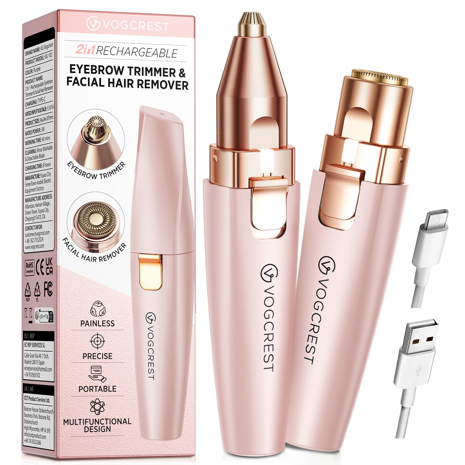 VG VOGCREST Eyebrow Facial Trimmer: 2 in1 Rechargeable Facial Hair Removal and Eyebrow Shaver - Face Lips Body Painless Facial Razor with Built-in LED Light (Rose Gold)