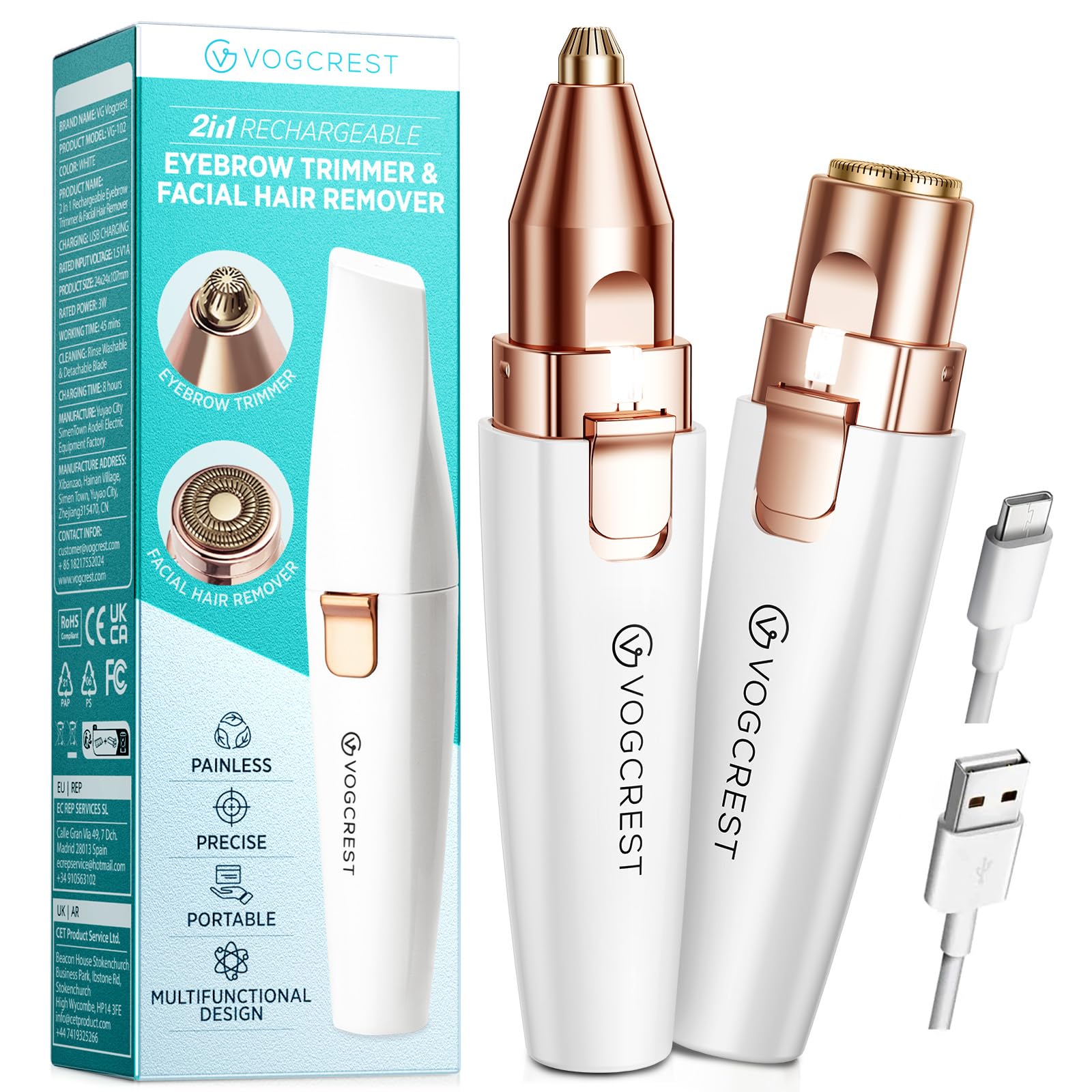 VG VOGCREST Eyebrow Facial Trimmer: 2 in1 Rechargeable Facial Hair Removal and Eyebrow Shaver - Face Lips Body Painless Facial Razor with Built-in LED Light (Rose Gold)