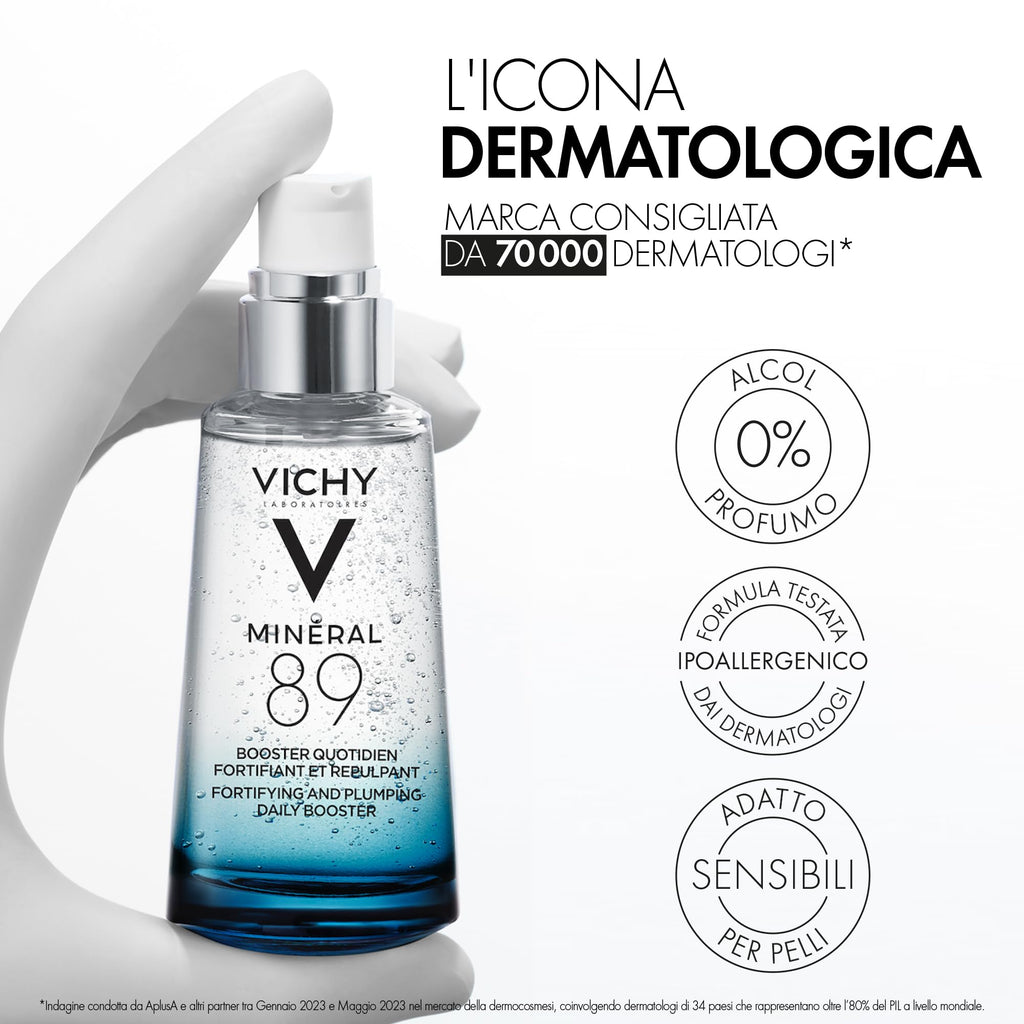 Vichy Min'eral 89 Hyaluronic Acid Daily Hydrating Booster Serum, for All Skin Types, with Polyglutamic Acid, Lightweight Watery Gel Texture, Hypoallergenic, 75ml - Damaged Box