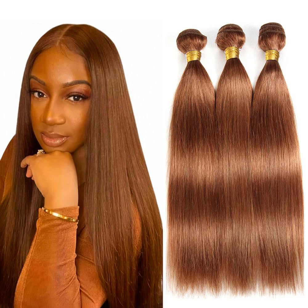 Tuheerst Straight Human Hair Bundles #30 Light Brown Color Doubles Weft Weave 3 Bundles Total 150g Unprocessed Human Hair Extension For Women 18 20 22 Inch - Damaged Box