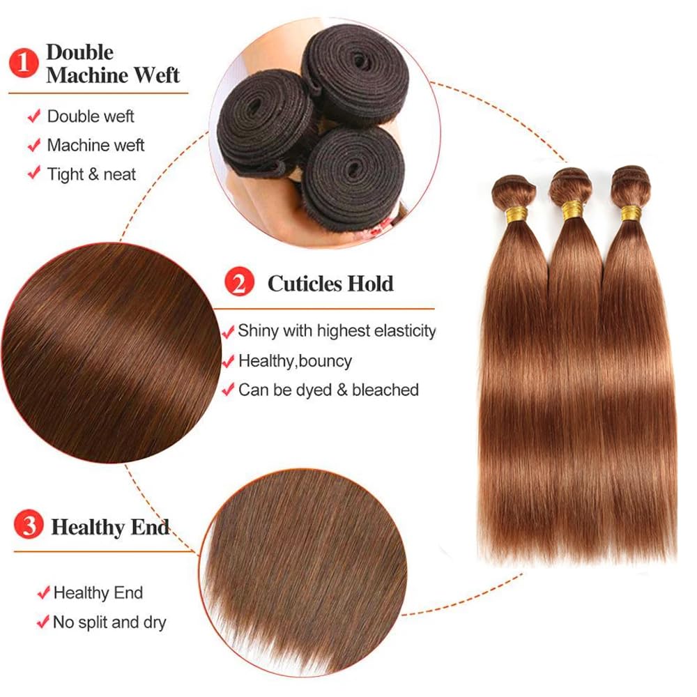 Tuheerst Straight Human Hair Bundles #30 Light Brown Color Doubles Weft Weave 3 Bundles Total 150g Unprocessed Human Hair Extension For Women 18 20 22 Inch - Damaged Box