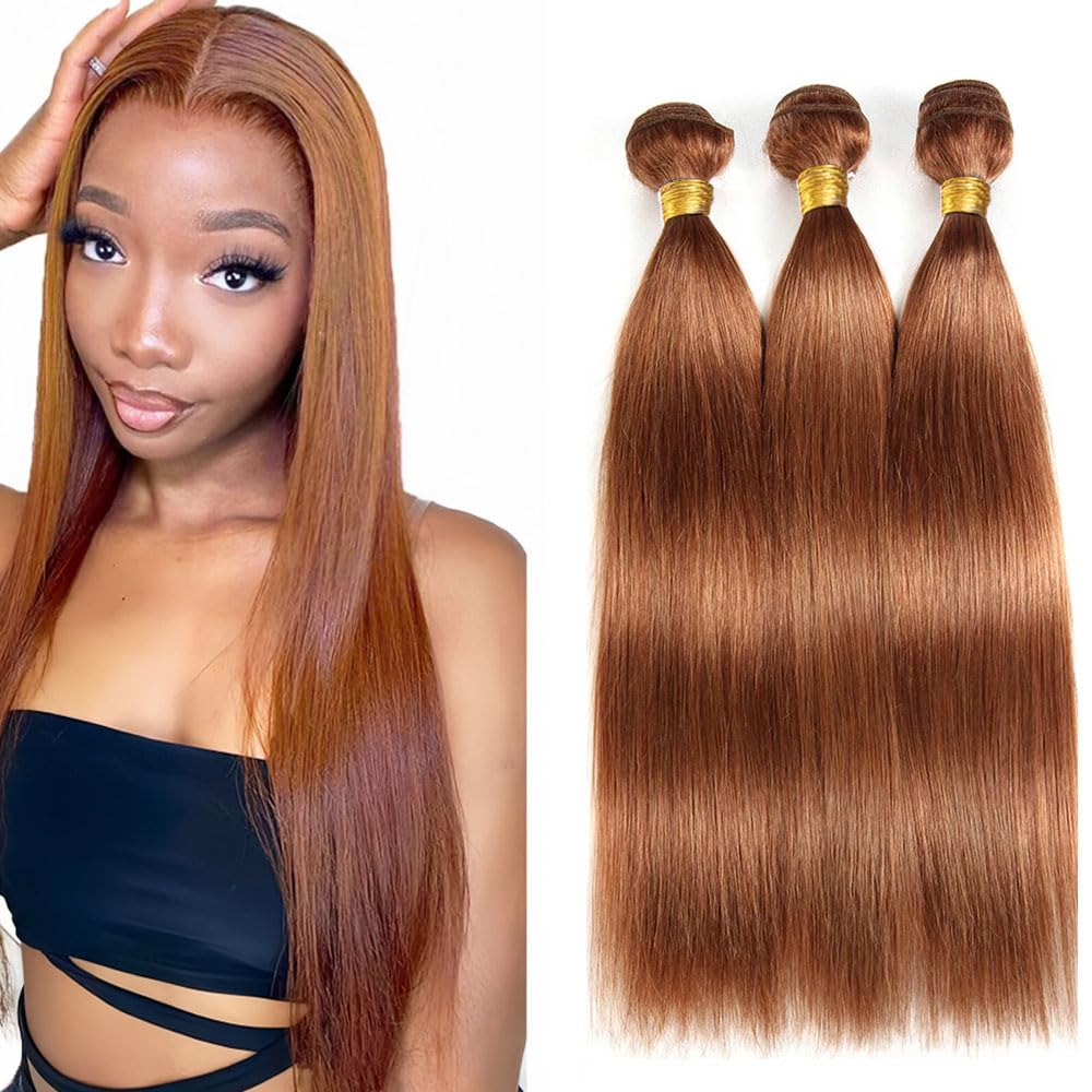 Tuheerst Straight Human Hair Bundles #30 Light Brown Color Doubles Weft Weave 3 Bundles Total 150g Unprocessed Human Hair Extension For Women 18 20 22 Inch - Damaged Box
