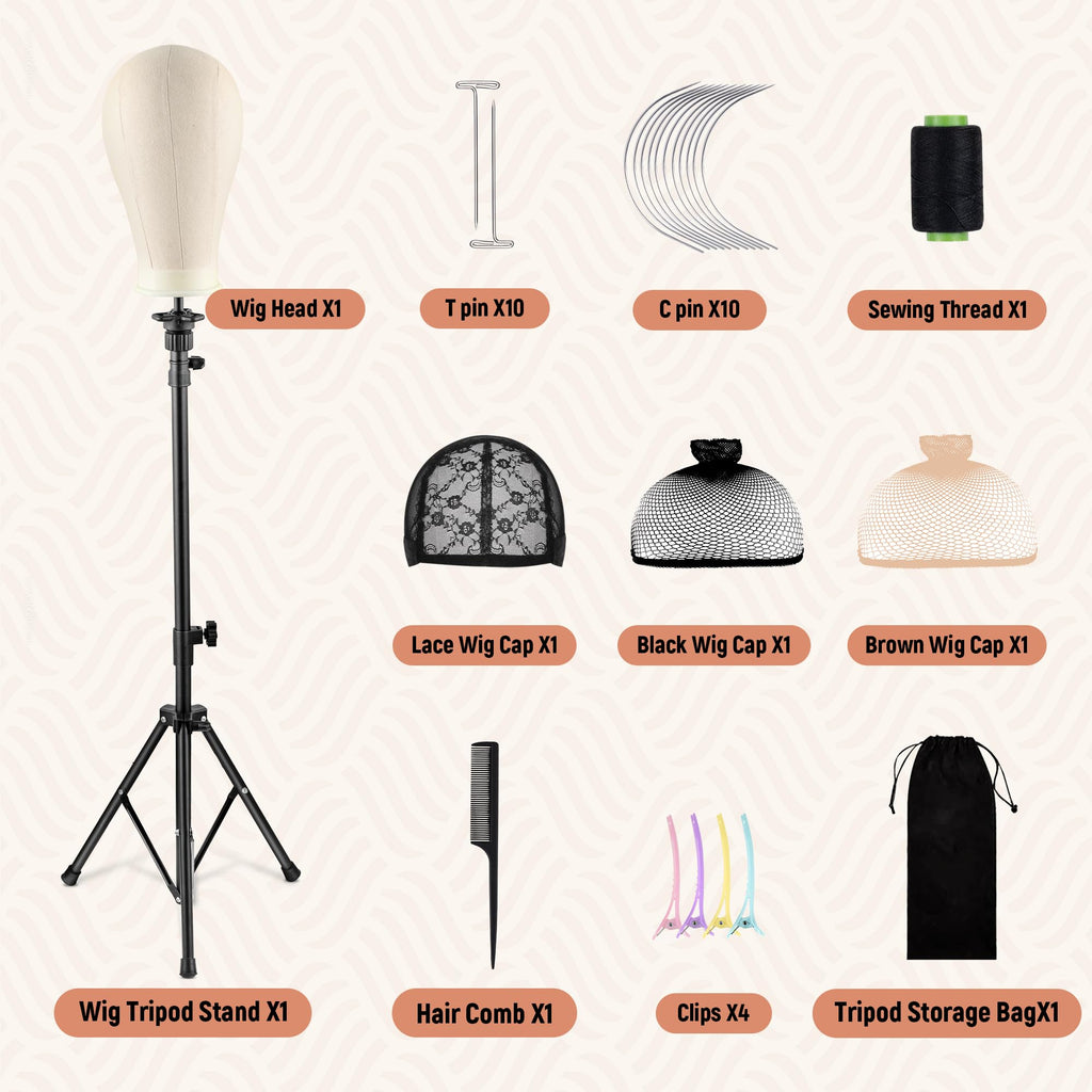 xnicx 23" Wig Head and Stand Set,Wig Stand Tripod with Foam Mannequin Head,Wigs Stands Head for Making,Display,Includes Caps Clips,T-Pins,C Needles,Carrying Bag,Brush(95-129cm)