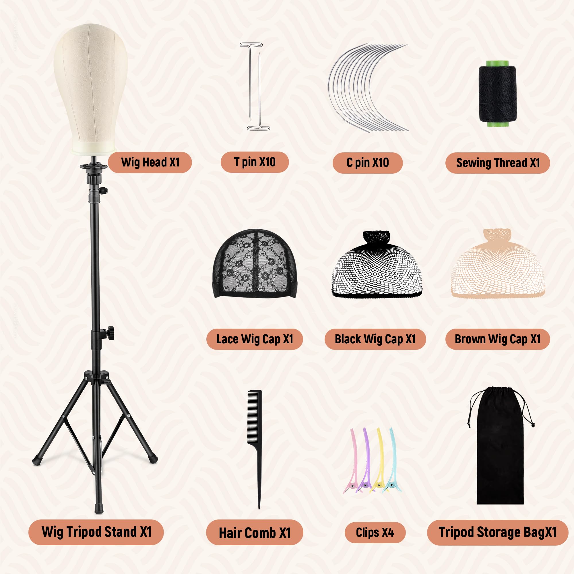 xnicx 23" Wig Head and Stand Set,Wig Stand Tripod with Foam Mannequin Head,Wigs Stands Head for Making,Display,Includes Caps Clips,T-Pins,C Needles,Carrying Bag,Brush(95-129cm)