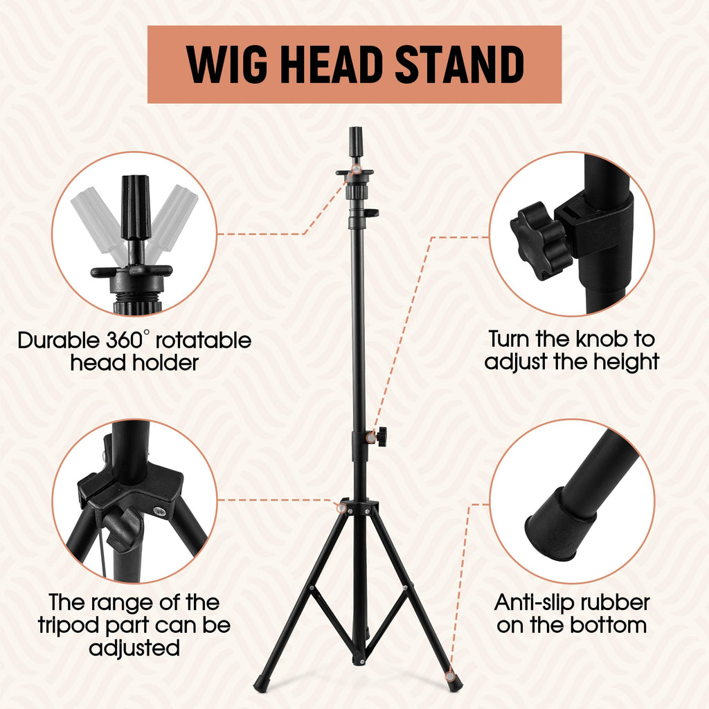 xnicx 23" Wig Head and Stand Set,Wig Stand Tripod with Foam Mannequin Head,Wigs Stands Head for Making,Display,Includes Caps Clips,T-Pins,C Needles,Carrying Bag,Brush(95-129cm)