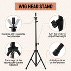 xnicx 23" Wig Head and Stand Set,Wig Stand Tripod with Foam Mannequin Head,Wigs Stands Head for Making,Display,Includes Caps Clips,T-Pins,C Needles,Carrying Bag,Brush(95-129cm)