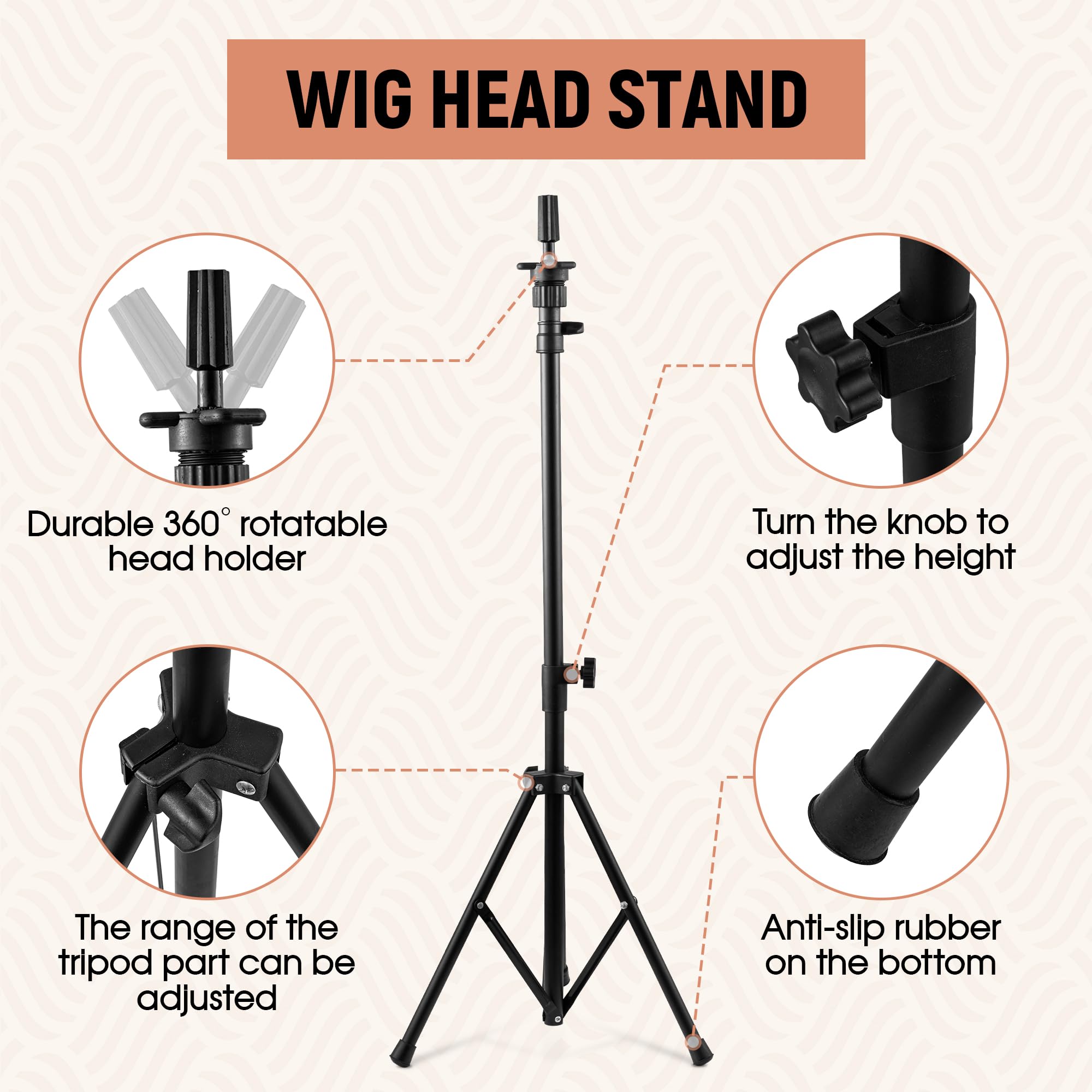 xnicx 23" Wig Head and Stand Set,Wig Stand Tripod with Foam Mannequin Head,Wigs Stands Head for Making,Display,Includes Caps Clips,T-Pins,C Needles,Carrying Bag,Brush(95-129cm)