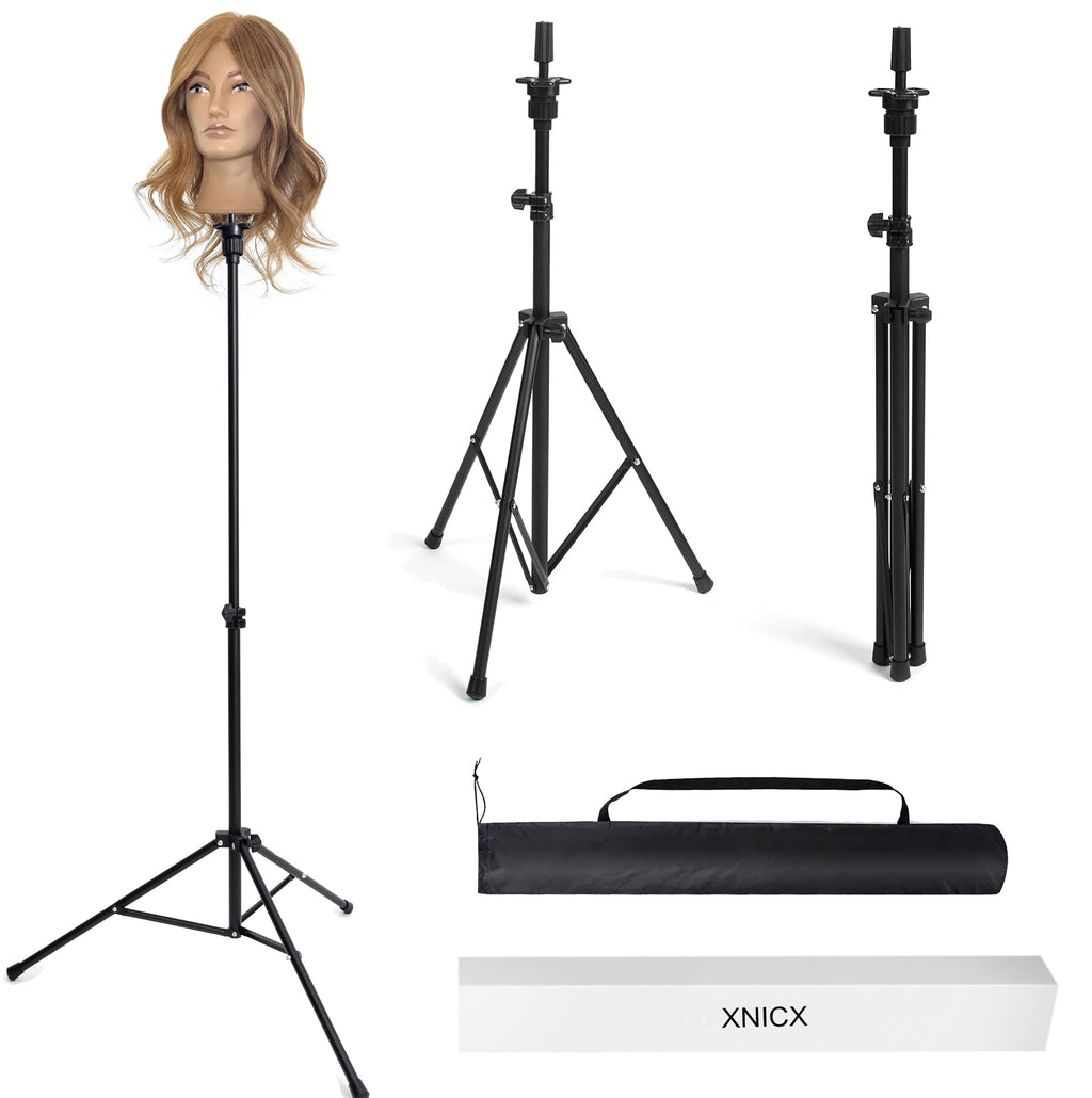 xnicx 23" Wig Head and Stand Set,Wig Stand Tripod with Foam Mannequin Head,Wigs Stands Head for Making,Display,Includes Caps Clips,T-Pins,C Needles,Carrying Bag,Brush(95-129cm)
