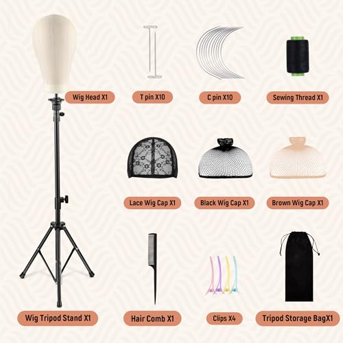 xnicx 23" Wig Head and Stand Set,Wig Stand Tripod with Foam Mannequin Head,Wigs Stands Head for Making,Display,Includes Caps Clips,T-Pins,C Needles,Carrying Bag,Brush(95-129cm)
