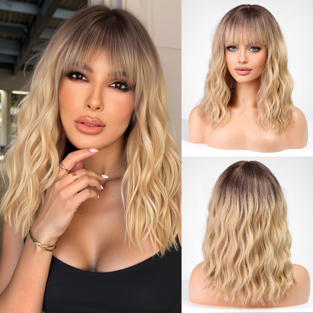 WOKESTAR Bob Wigs With Neat Fringe, Wavy Synthetic Wigs for Women Blonde with Dark Roots Color