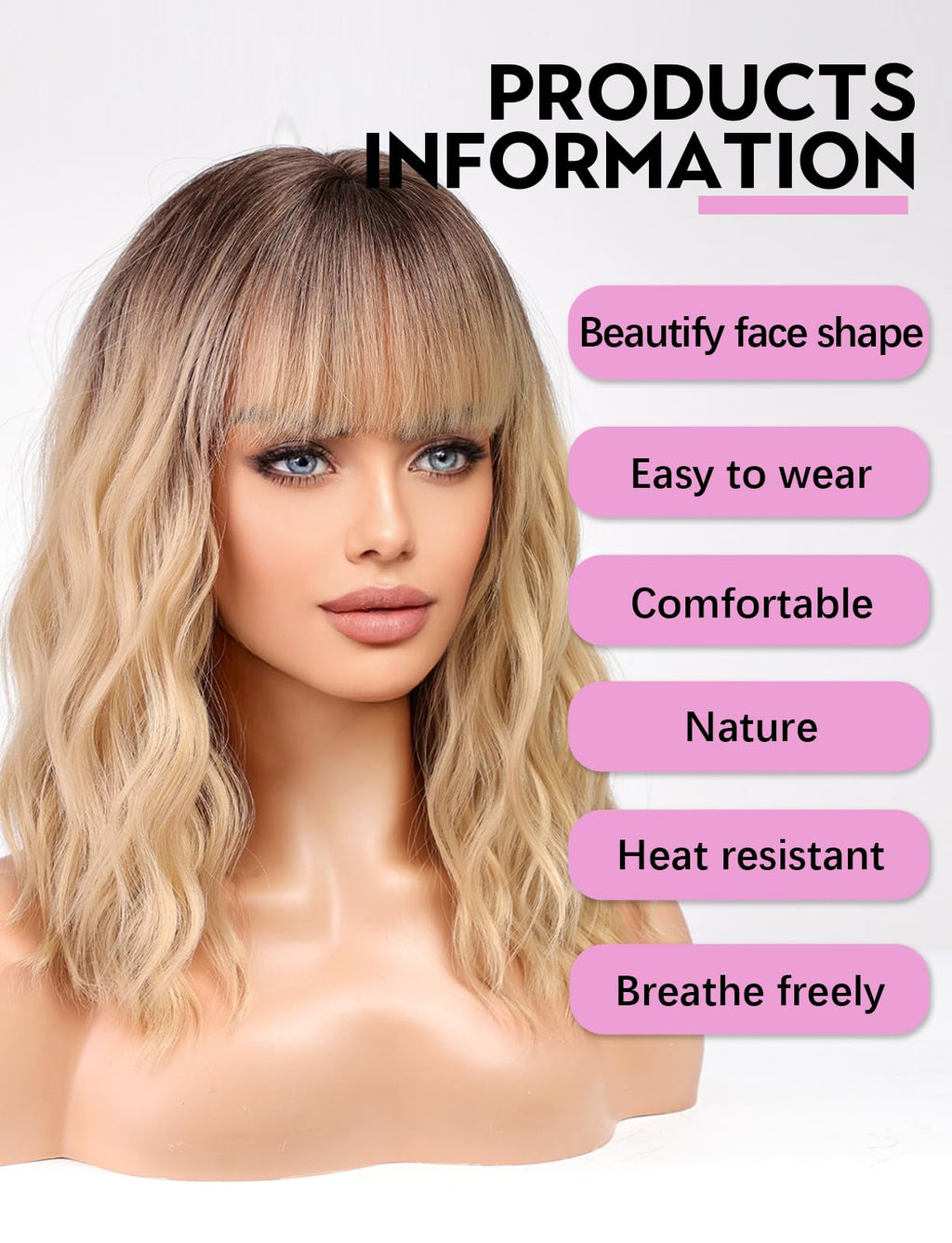 WOKESTAR Bob Wigs With Neat Fringe, Wavy Synthetic Wigs for Women Blonde with Dark Roots Color