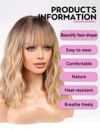 WOKESTAR Bob Wigs With Neat Fringe, Wavy Synthetic Wigs for Women Blonde with Dark Roots Color