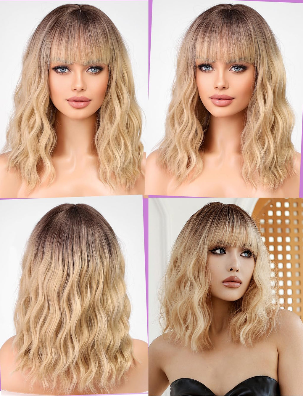 WOKESTAR Bob Wigs With Neat Fringe, Wavy Synthetic Wigs for Women Blonde with Dark Roots Color