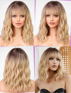 WOKESTAR Bob Wigs With Neat Fringe, Wavy Synthetic Wigs for Women Blonde with Dark Roots Color