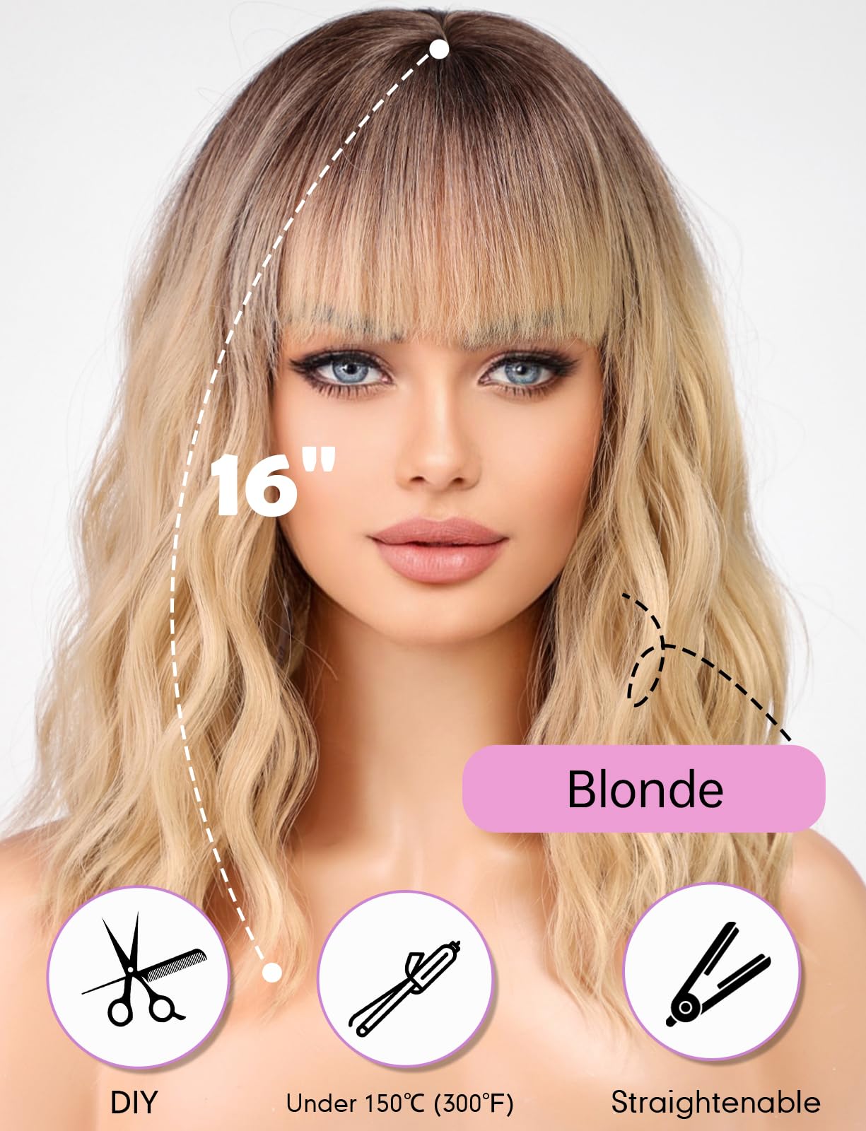 WOKESTAR Bob Wigs With Neat Fringe, Wavy Synthetic Wigs for Women Blonde with Dark Roots Color