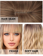 WOKESTAR Bob Wigs With Neat Fringe, Wavy Synthetic Wigs for Women Blonde with Dark Roots Color