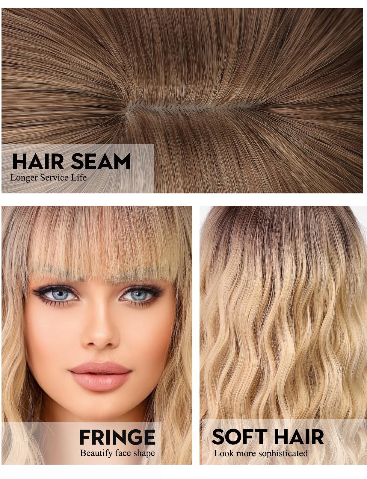 WOKESTAR Bob Wigs With Neat Fringe, Wavy Synthetic Wigs for Women Blonde with Dark Roots Color