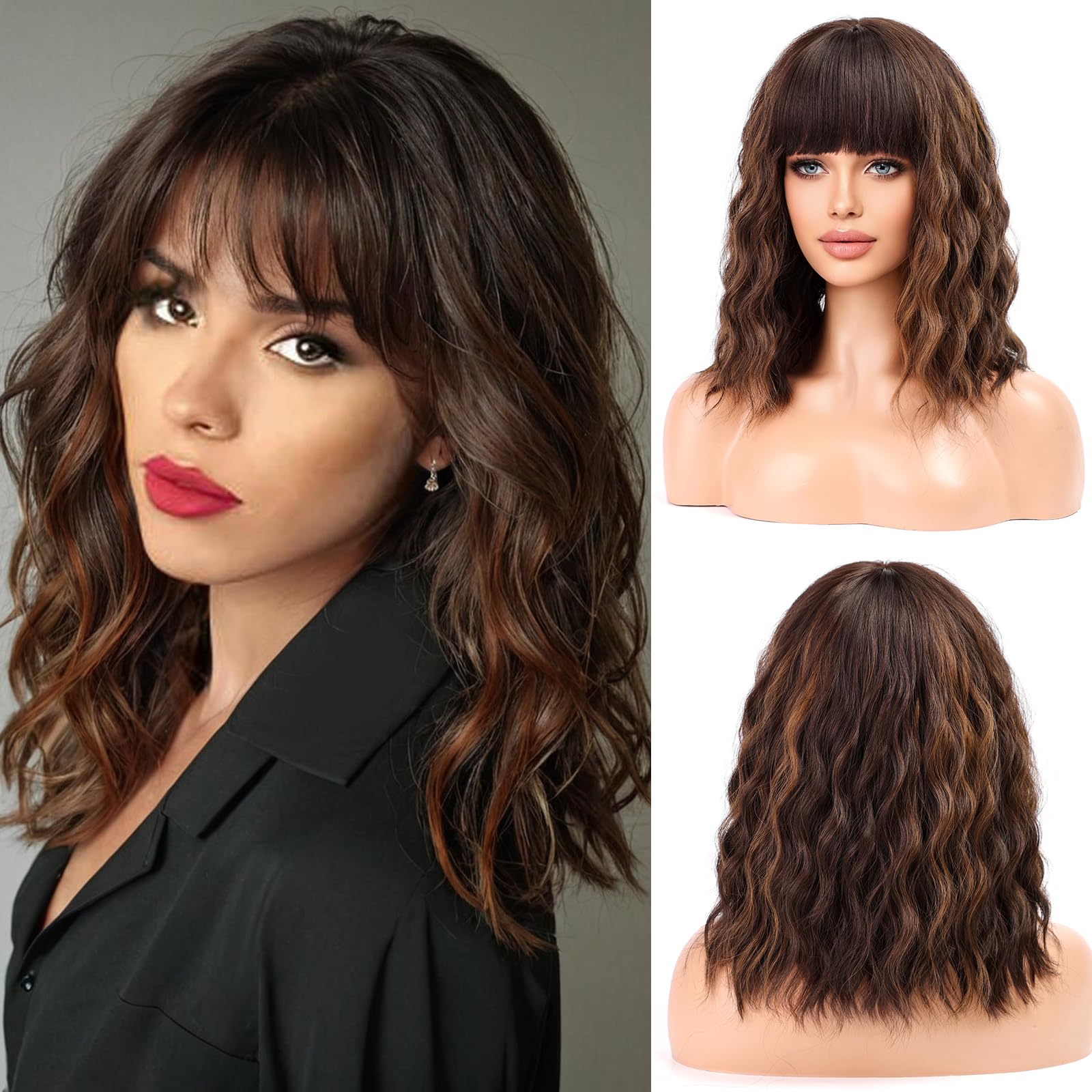 WOKESTAR Bob Wigs With Neat Fringe, Wavy Synthetic Wigs for Women Blonde with Dark Roots Color