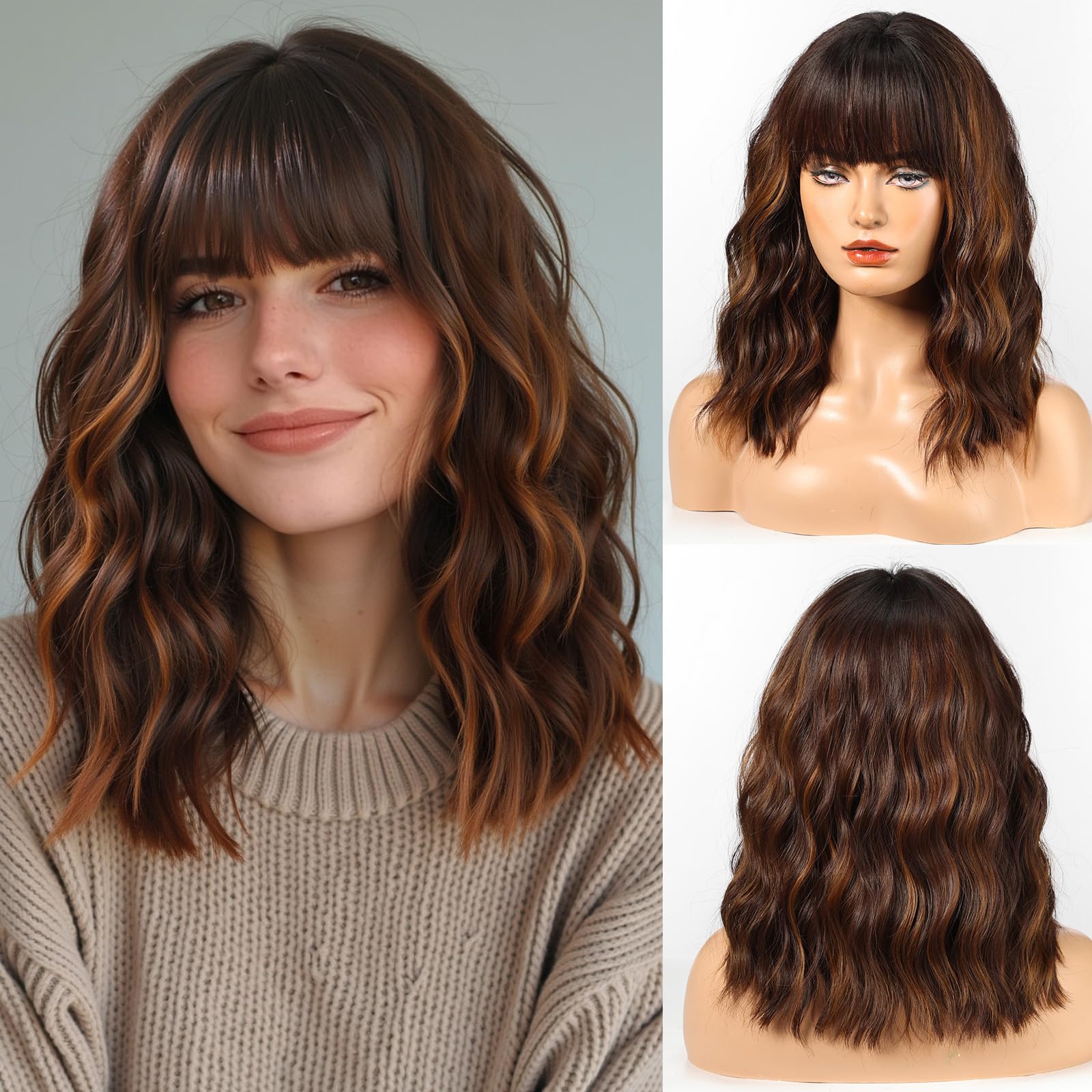 WOKESTAR Bob Wigs With Neat Fringe, Wavy Synthetic Wigs for Women Blonde with Dark Roots Color
