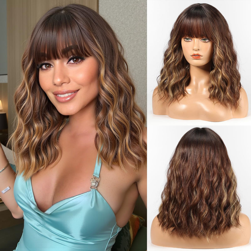 WOKESTAR Bob Wigs With Neat Fringe, Wavy Synthetic Wigs for Women Blonde with Dark Roots Color
