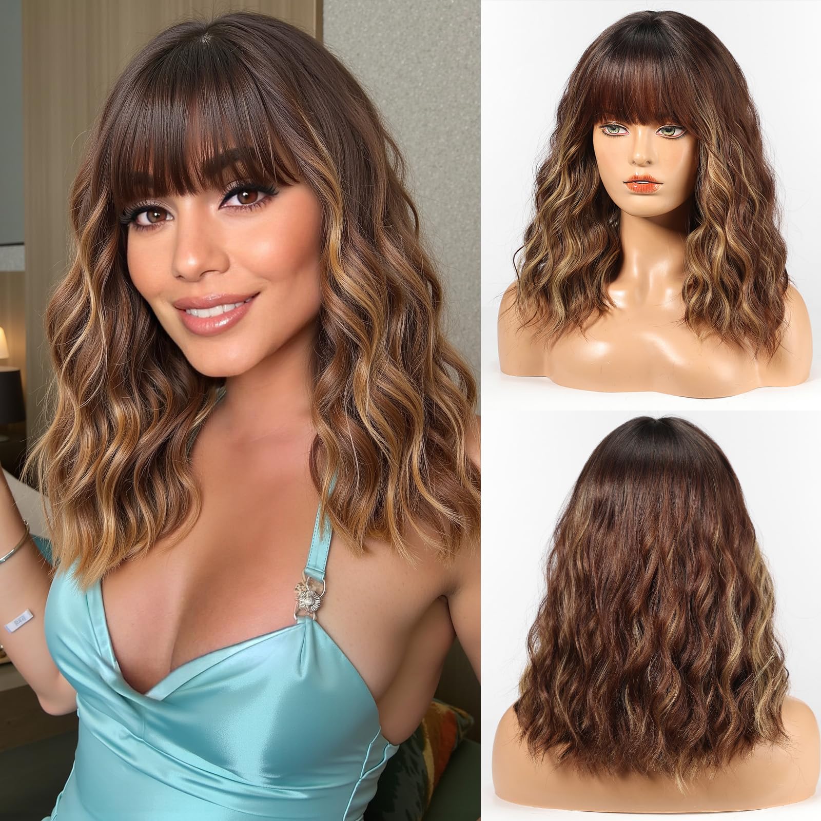 WOKESTAR Bob Wigs With Neat Fringe, Wavy Synthetic Wigs for Women Blonde with Dark Roots Color