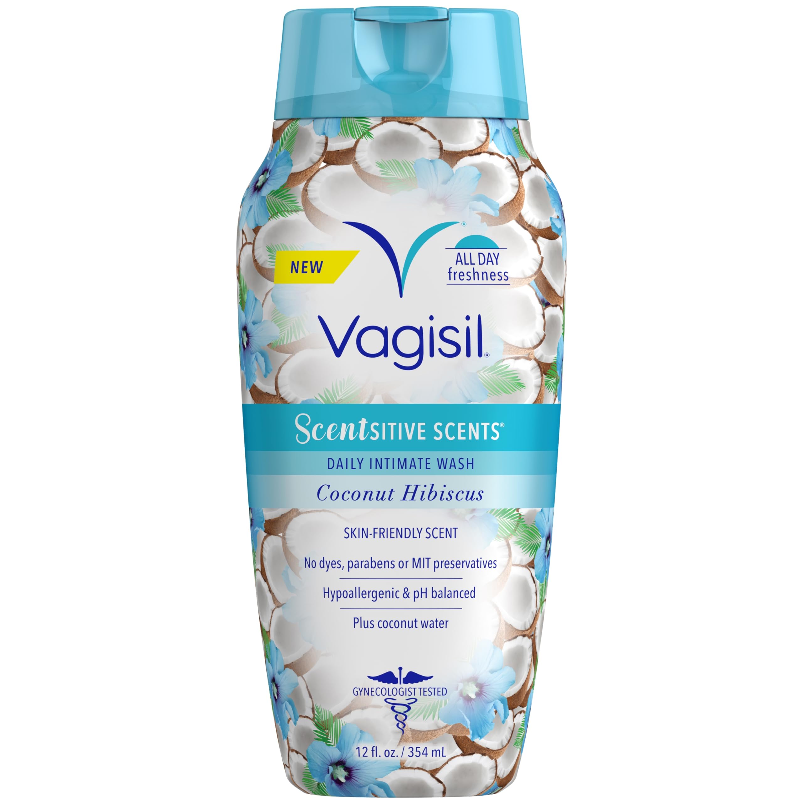 Vagisil Scentsitive Scents Daily Feminine Intimate Wash For Women, Plus Coconut Water, All-Day Freshness, Hypoallergenic, skin-friendly Coconut Hibiscus Scent, 354ml (Package may vary)