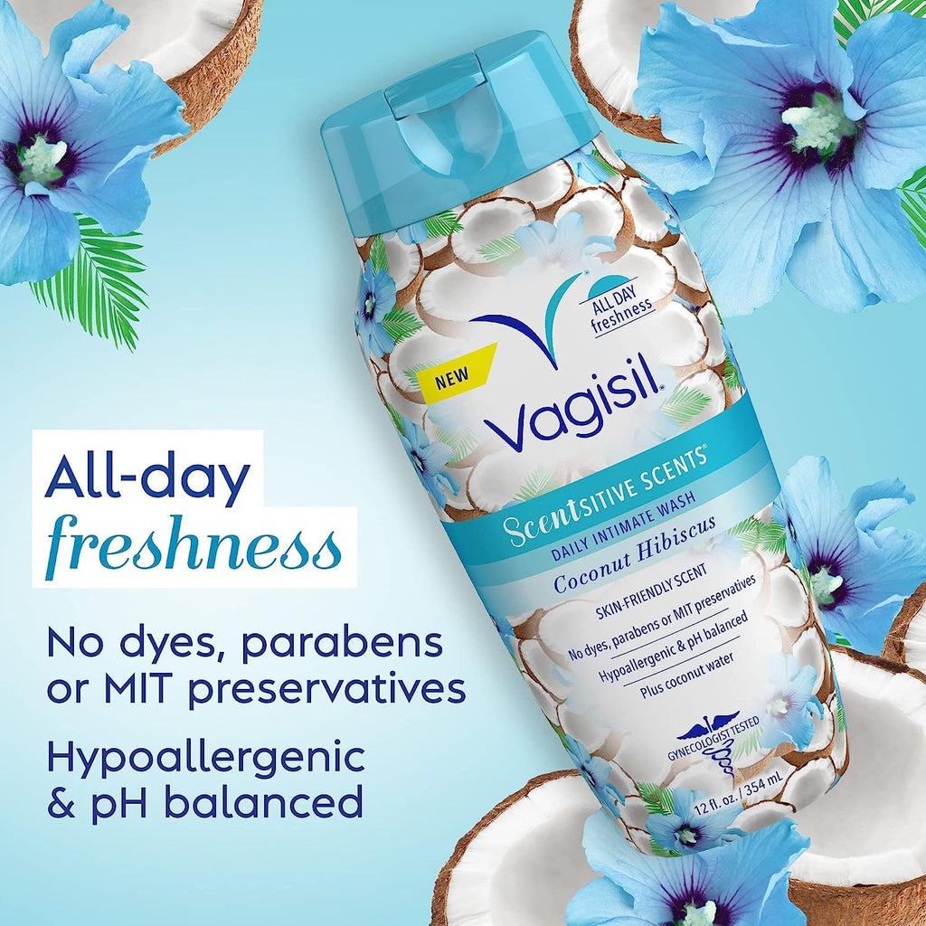Vagisil Scentsitive Scents Daily Feminine Intimate Wash For Women, Plus Coconut Water, All-Day Freshness, Hypoallergenic, skin-friendly Coconut Hibiscus Scent, 354ml (Package may vary)