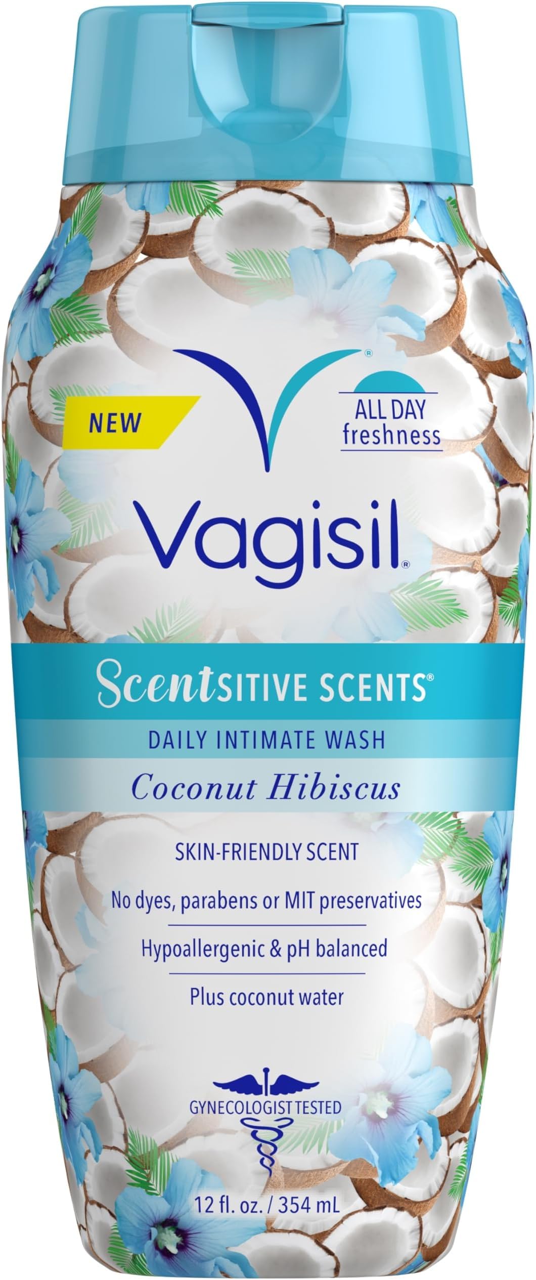 Vagisil Scentsitive Scents Daily Feminine Intimate Wash For Women, Plus Coconut Water, All-Day Freshness, Hypoallergenic, skin-friendly Coconut Hibiscus Scent, 354ml (Package may vary)