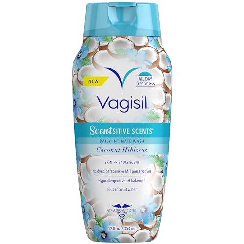 Vagisil Scentsitive Scents Daily Feminine Intimate Wash For Women, Plus Coconut Water, All-Day Freshness, Hypoallergenic, skin-friendly Coconut Hibiscus Scent, 354ml (Package may vary)