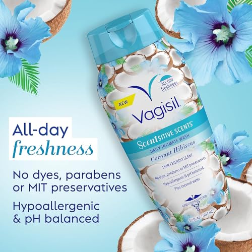 Vagisil Scentsitive Scents Daily Feminine Intimate Wash For Women, Plus Coconut Water, All-Day Freshness, Hypoallergenic, skin-friendly Coconut Hibiscus Scent, 354ml (Package may vary)