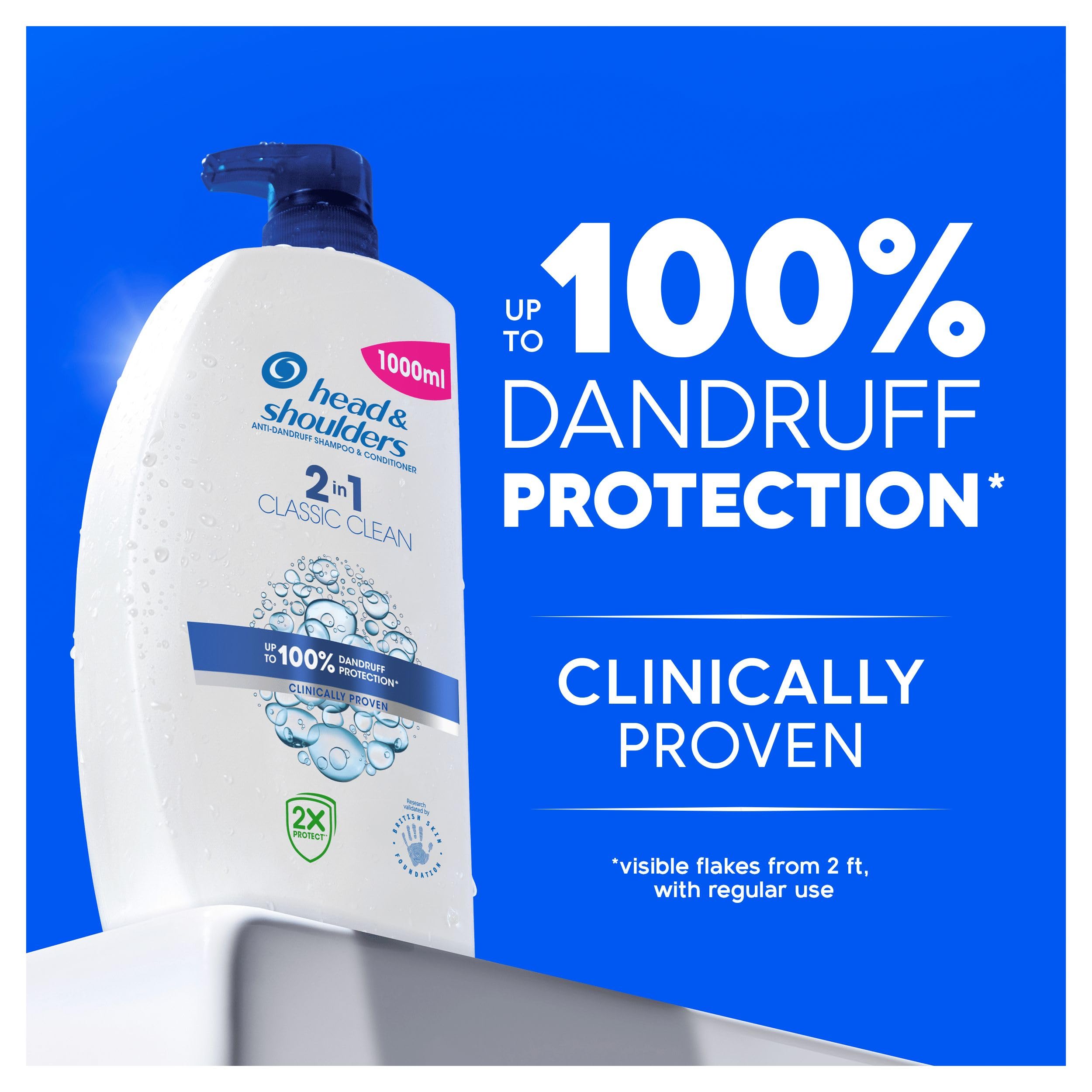 Head & Shoulders Classic Clean 2in1 Anti Dandruff Shampoo, 1000ml. Up to 100% Flake Free, Clinically Proven. For Any Hair and Scalp Type. For Daily use. Clean Feeling