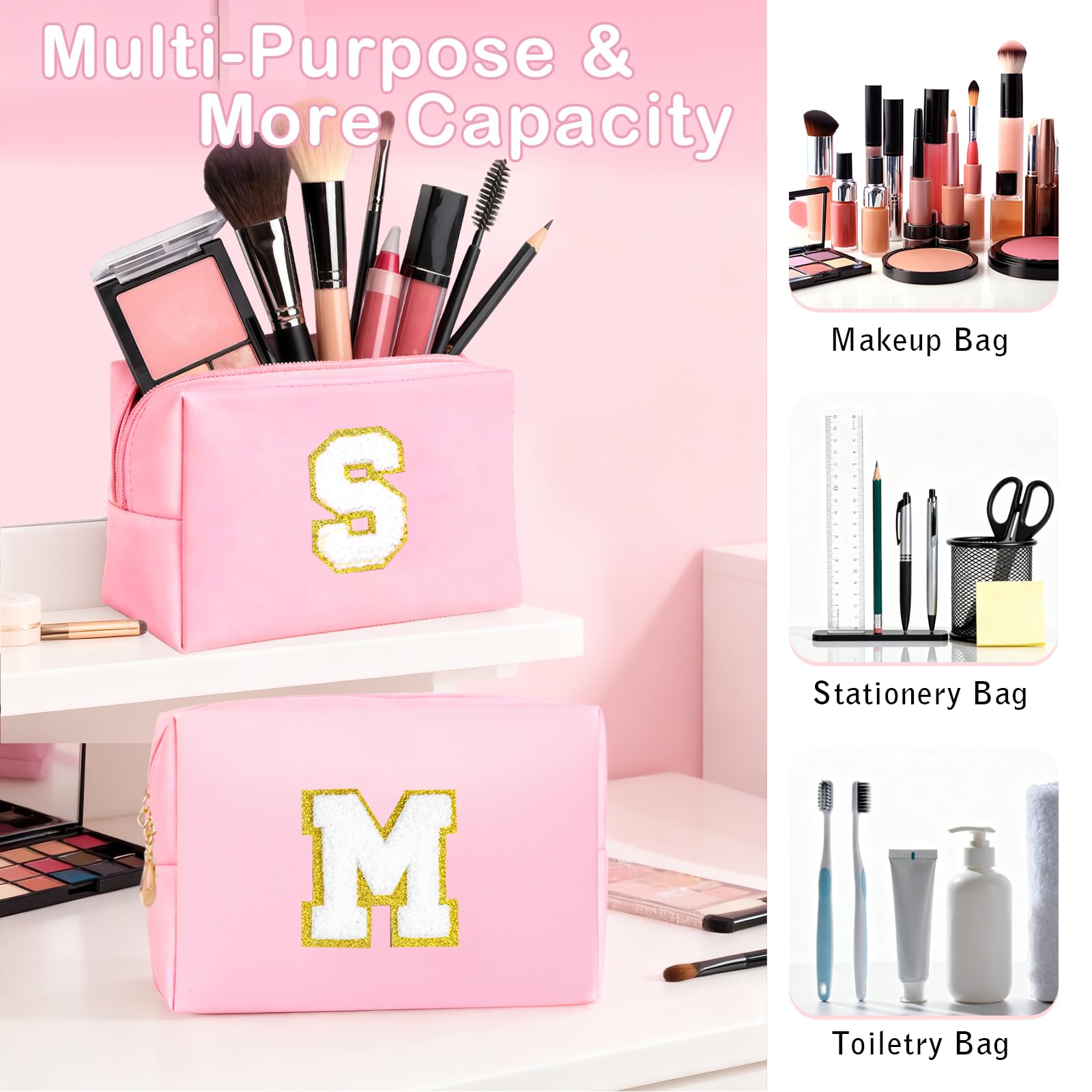 Personalised Graduation Gifts - Birthday Gifts for 4 5 6 7 8 9 10 11 12 Year Old Teenage Girls, Initial Teenage Girl Gifts - Preppy Stuff Cosmetic Bags Womens Stocking Filler Gifts (Pink M)