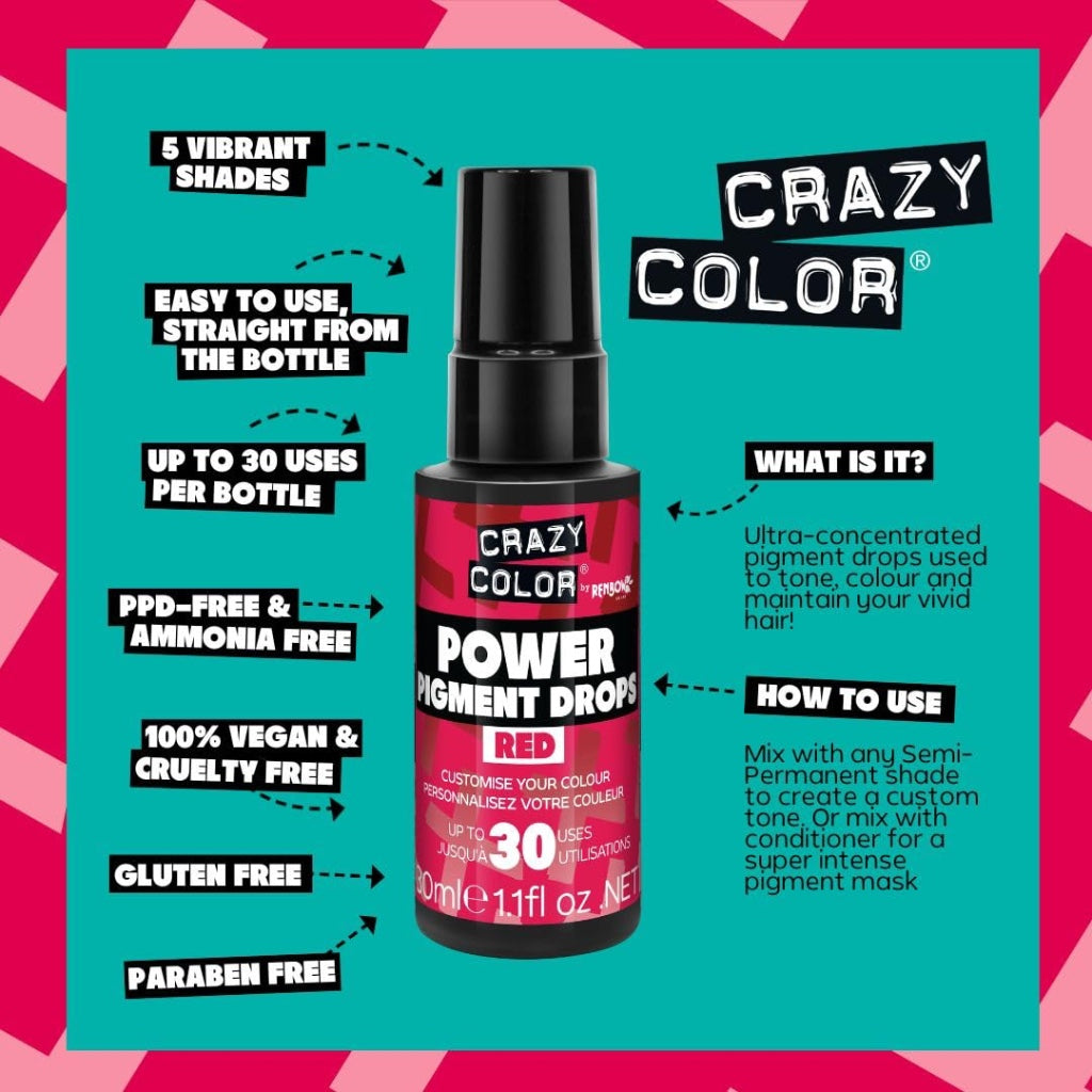 Crazy Color Red Power Pigments 30 Uses | Ultra Concentrated Pigments, Custom Toner & Semi-Permanent Dye from Home | Vegan Formula | No Bleach or Ammonia | 30ml