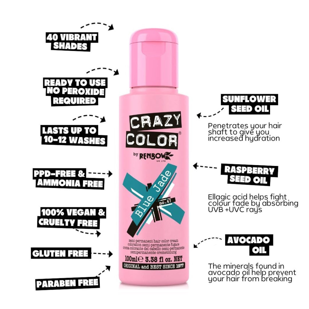 Crazy Color Vibrant Blue Jade Semi-Permanent Hair Dye. Highly Pigmented Teal Aquamarine Conditioning & Oil Nourishing Vegan Formula | No Bleach or Ammonia | 100ml