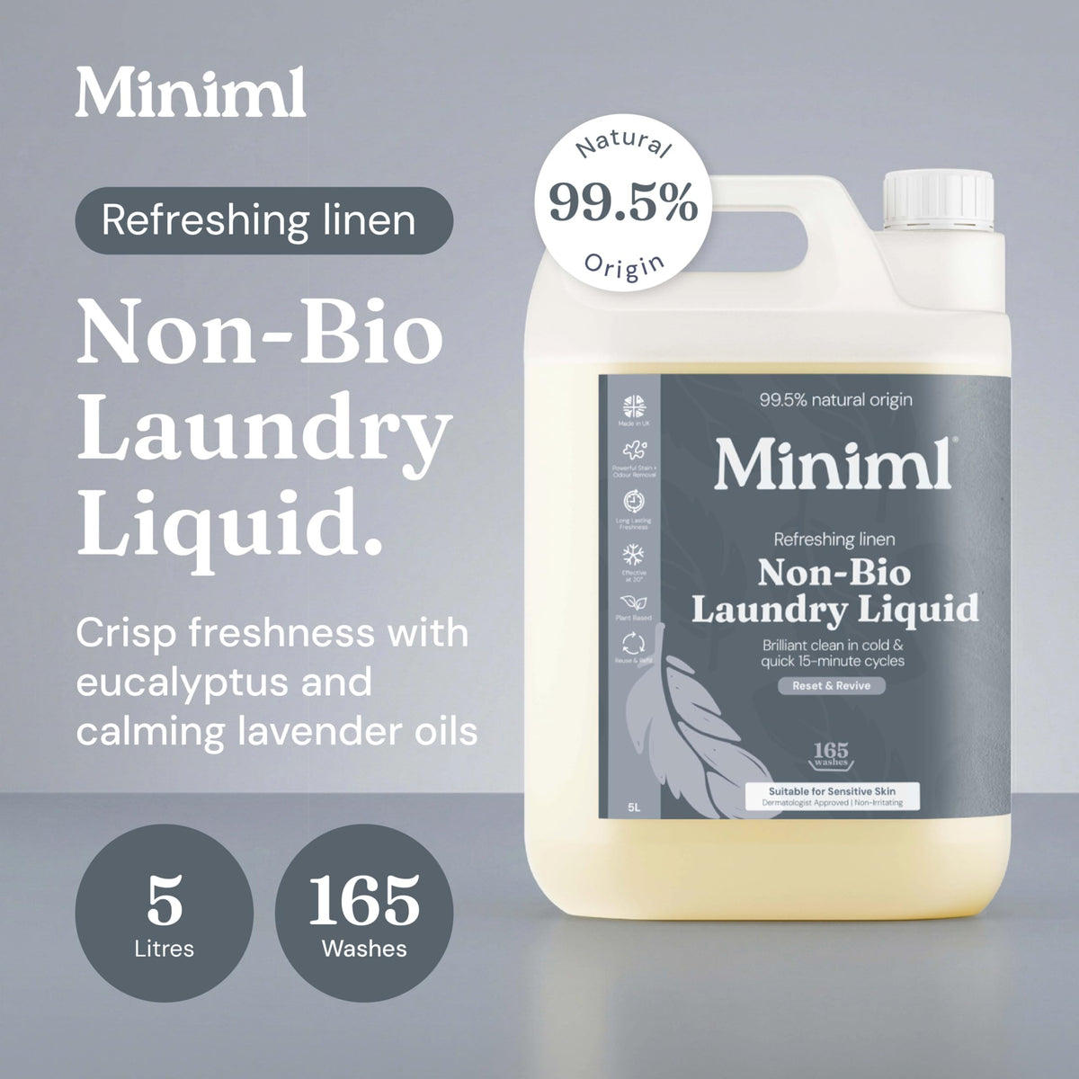 Miniml Eco Laundry Liquid Washing Detergent 5L Refill - Natural Non Bio Fresh Linen Scented Clothes and Fabric Softener for Machine or Delicate Hand Cleaning - 100% Vegan & Cruelty Free (165 Washes)