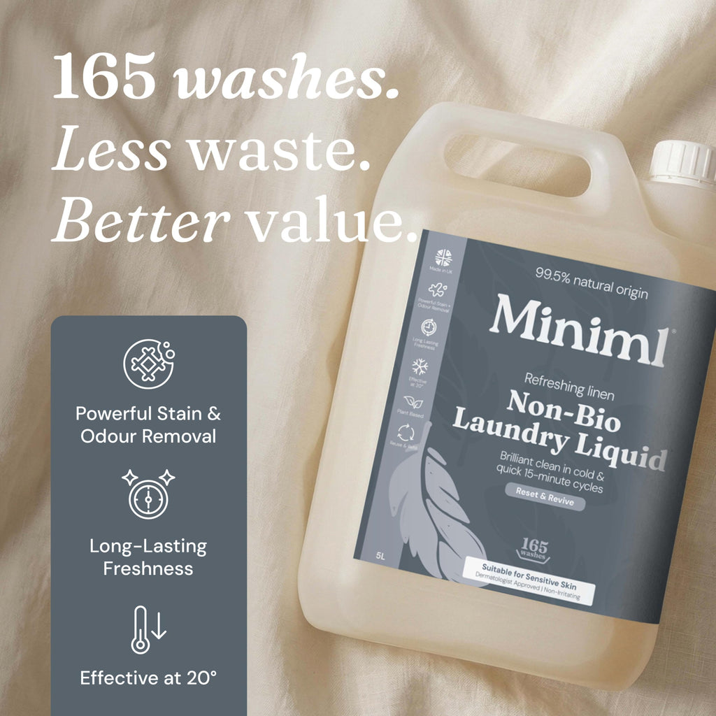 Miniml Eco Laundry Liquid Washing Detergent 5L Refill - Natural Non Bio Fresh Linen Scented Clothes and Fabric Softener for Machine or Delicate Hand Cleaning - 100% Vegan & Cruelty Free (165 Washes)