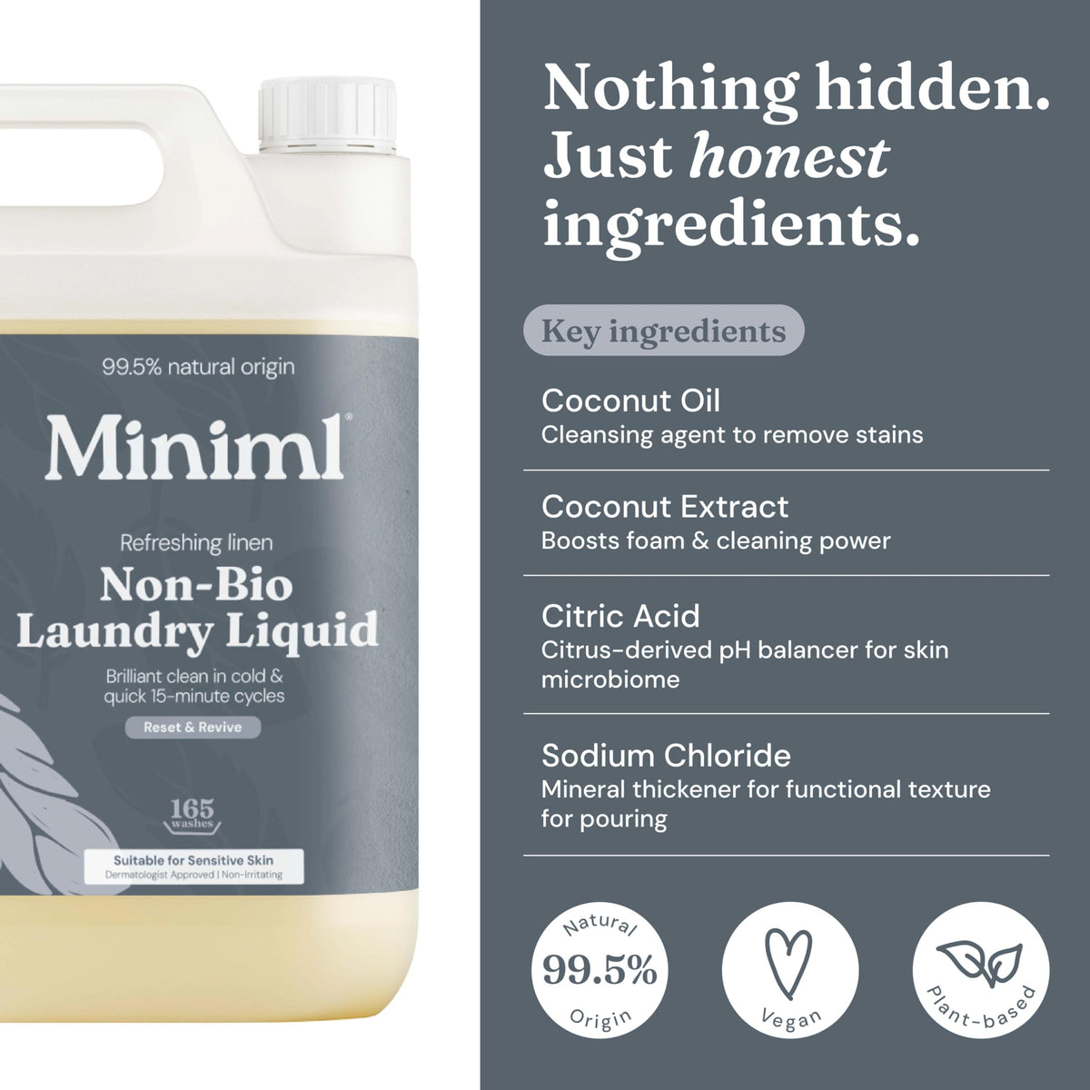 Miniml Eco Laundry Liquid Washing Detergent 5L Refill - Natural Non Bio Fresh Linen Scented Clothes and Fabric Softener for Machine or Delicate Hand Cleaning - 100% Vegan & Cruelty Free (165 Washes)